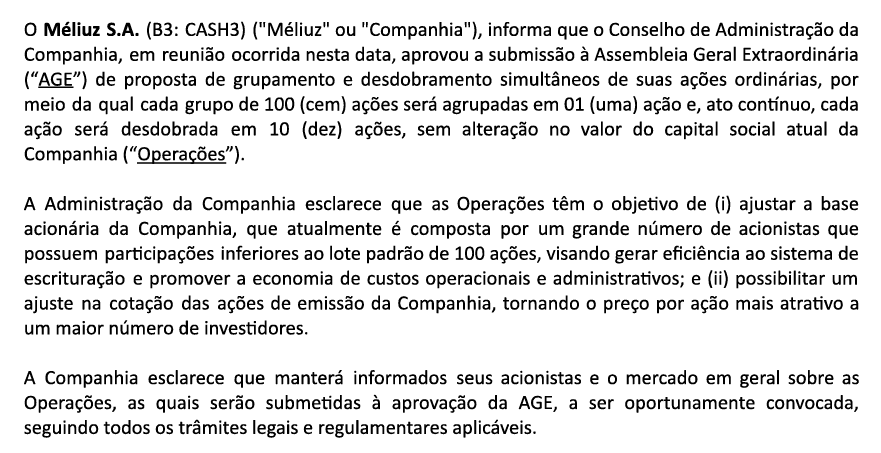 Fato relevante de Méliuz (CASH3). A companhia propôs um grupamento e em seguida um desdobramento de suas ações.