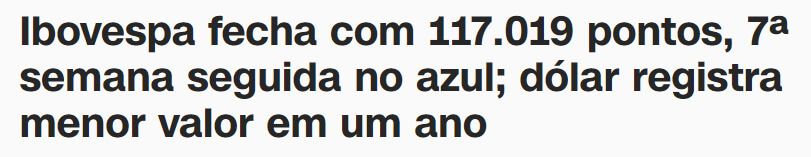 Manchete da CNN diz "Ibovespa fecha com 117 mil pontos, sétima semana seguida no azul"