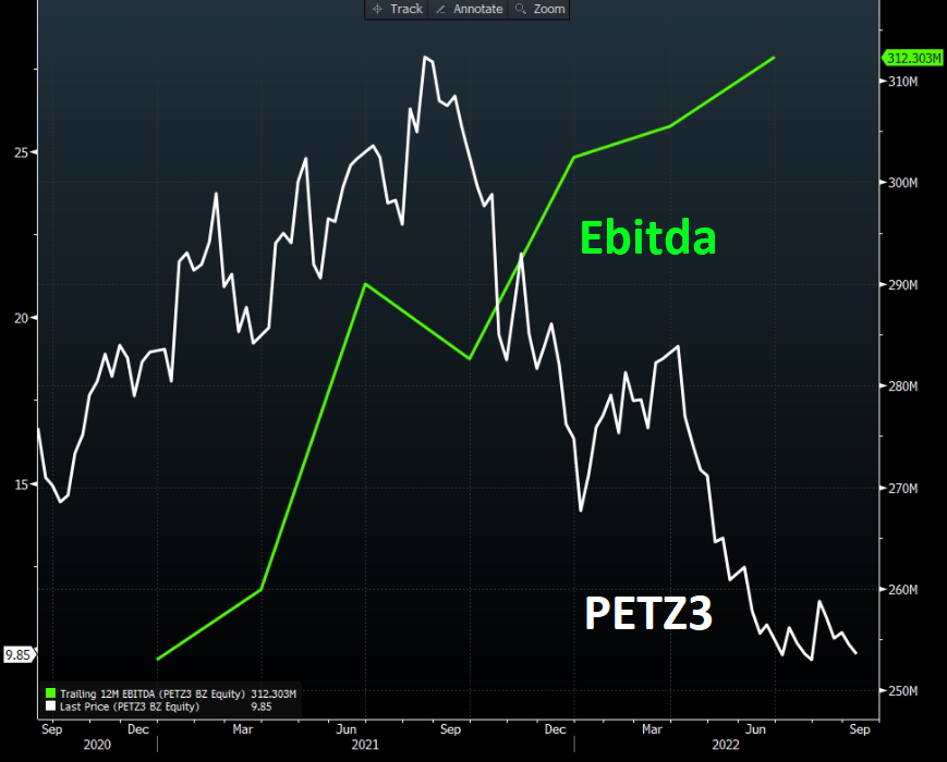 Gráfico apresenta crescimento do Ebitda da Petz e cotação de suas ações.