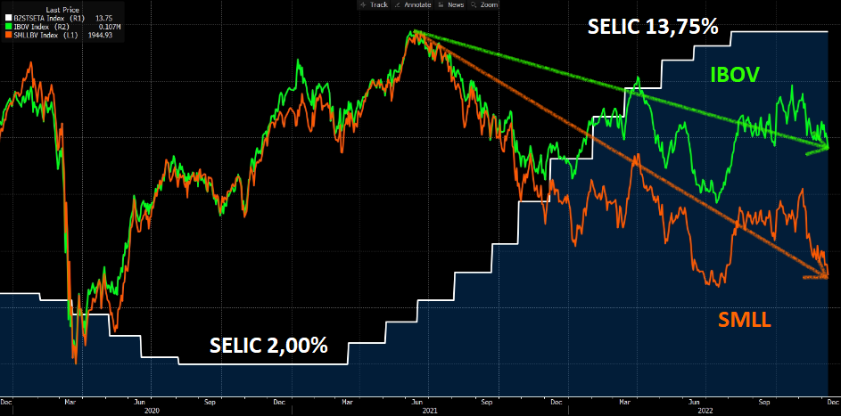 Gráfico apresenta Selic x IBOV x SMLL. 