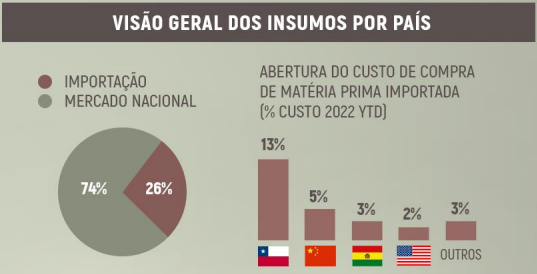 Gráfico apresenta custos dos insumos por moedas.