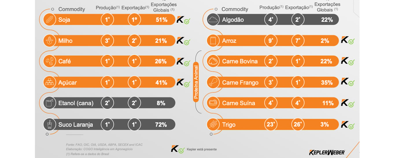 Presença dos produtos da Kepler no agronegócio e a participação do Brasil na produção e exportação das commodities.