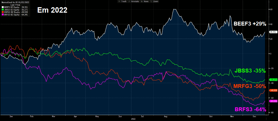 Gráfico mostra que as ações da Minerva subiram +29% em 2022, enquanto as ações da JBS e Marfrig caíram -35% e -50% respectivamente. 
