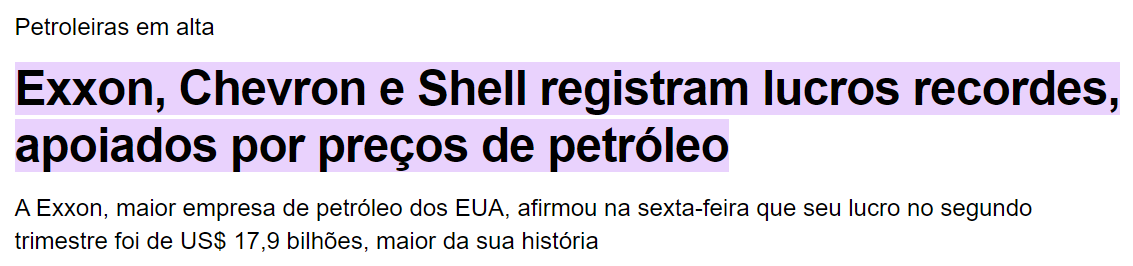 Matéria sobre os resultados das grandes petroleiras mundiais.